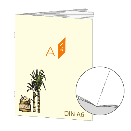 Broschüre aus Zuckerrohrpapier | DIN A6 16-Seiter | bedruckt