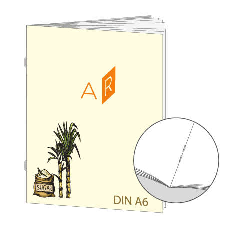 Broschüre aus Zuckerrohrpapier | DIN A6 12-Seiter | bedruckt